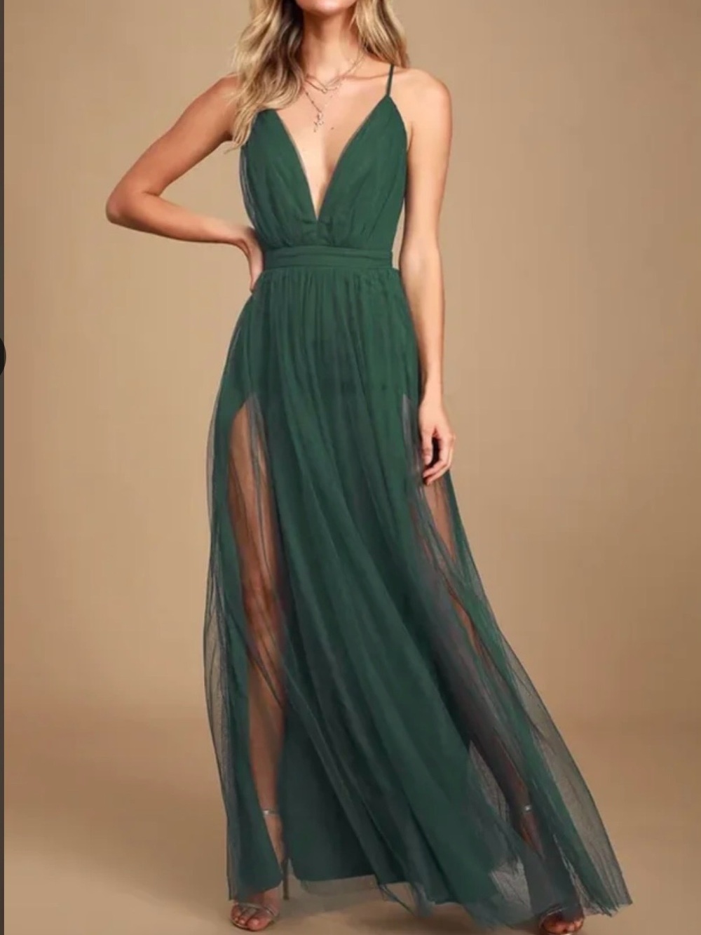Emerald Green Plunging Neckline Spaghetti Strap Backless Maxi Dress Size S